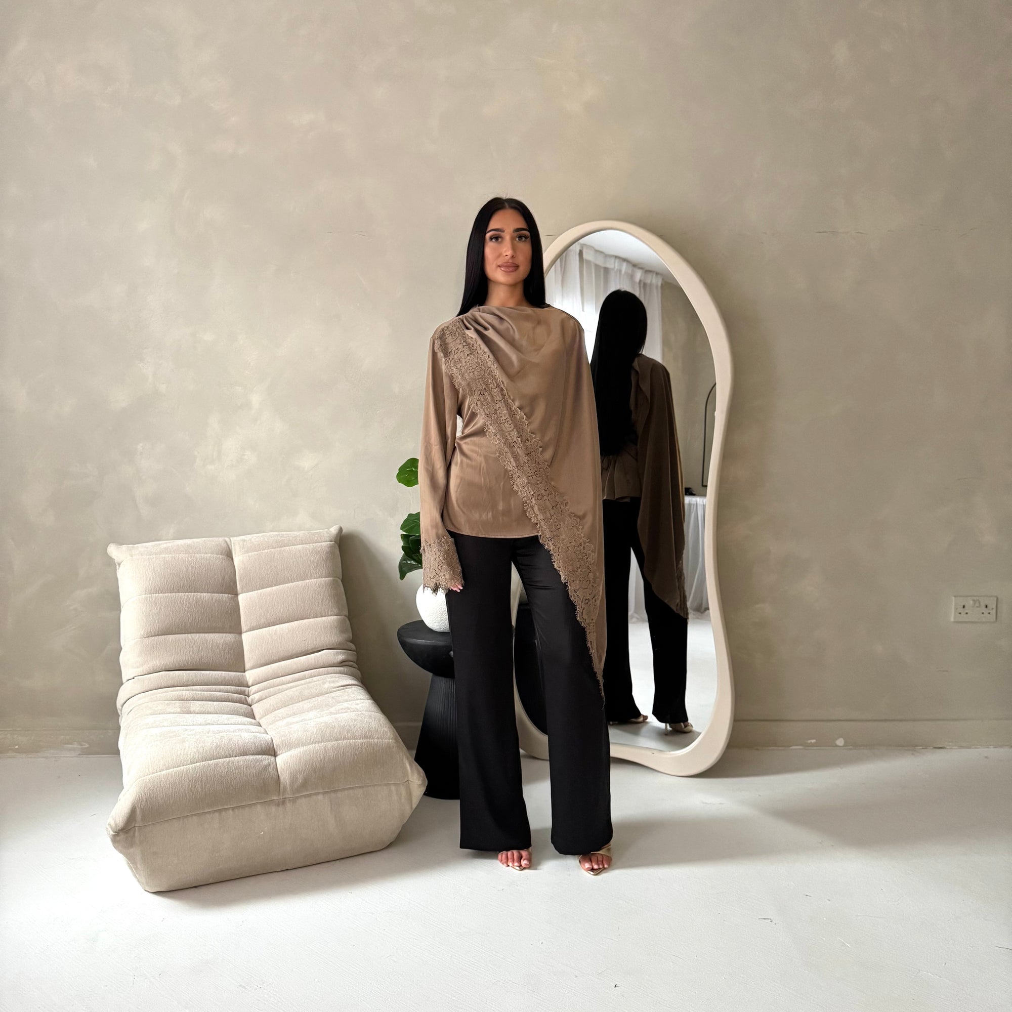 Aliza Mocha Lace Trim Asymmetrical Cape Modest Top