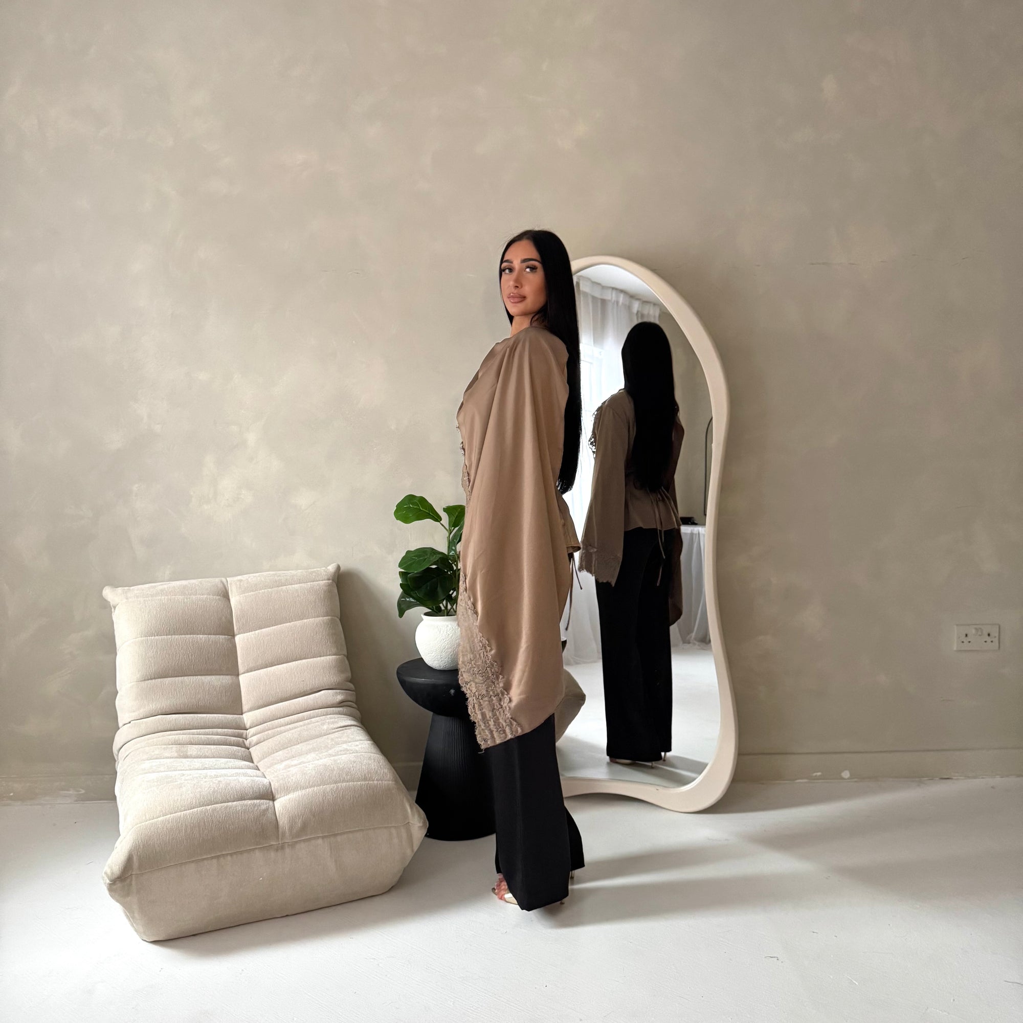 Aliza Mocha Lace Trim Asymmetrical Cape Modest Top