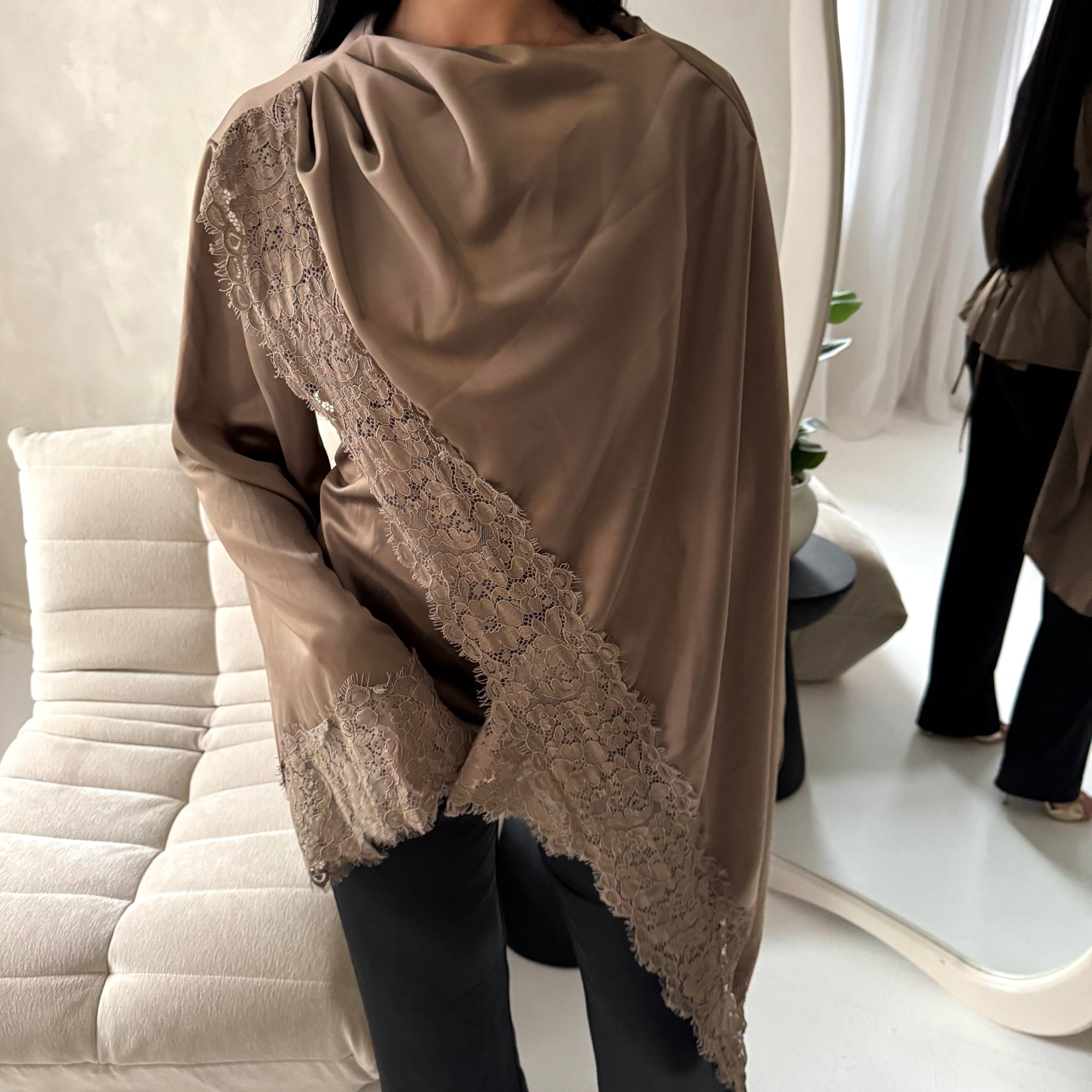 Aliza Mocha Lace Trim Asymmetrical Cape Modest Top