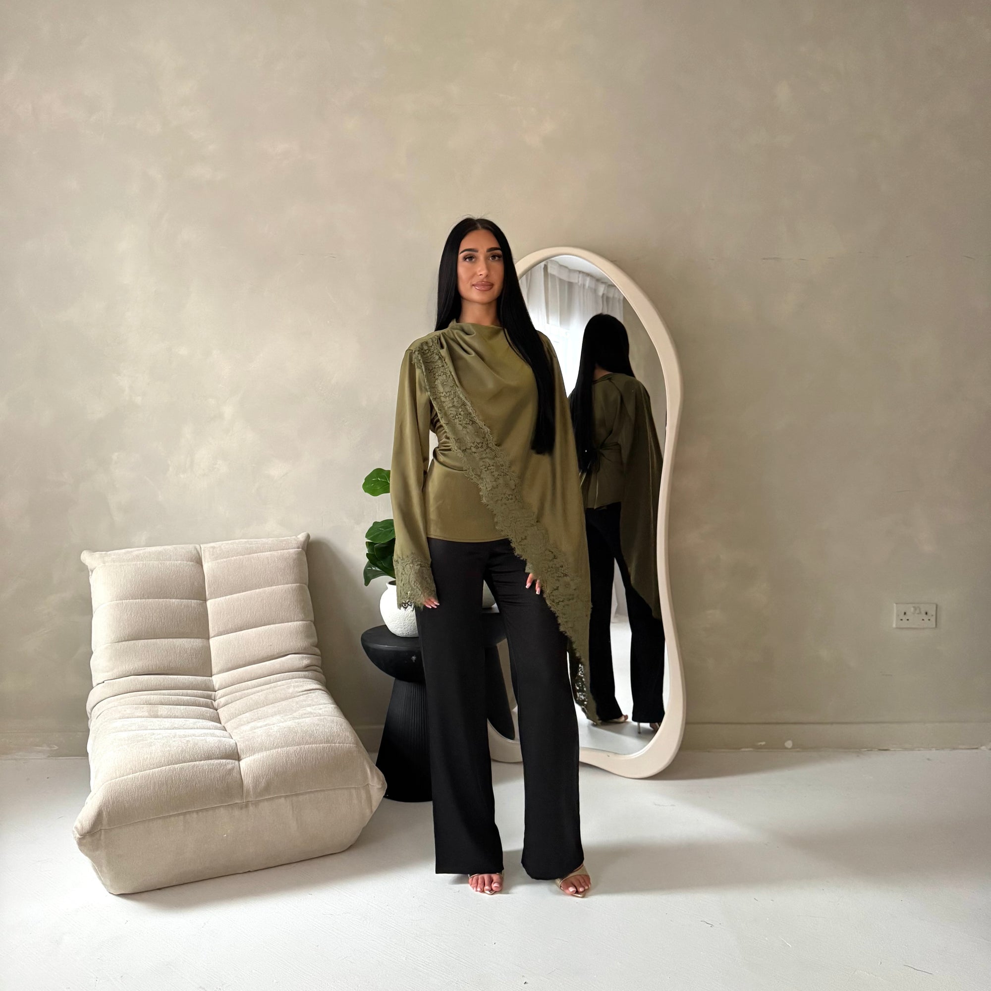 Aliza Olive Lace Trim Asymmetrical Cape Modest Top