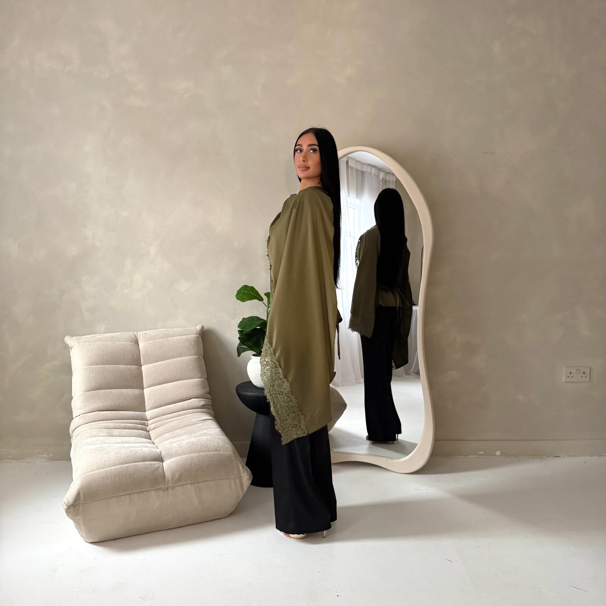 Aliza Olive Lace Trim Asymmetrical Cape Modest Top