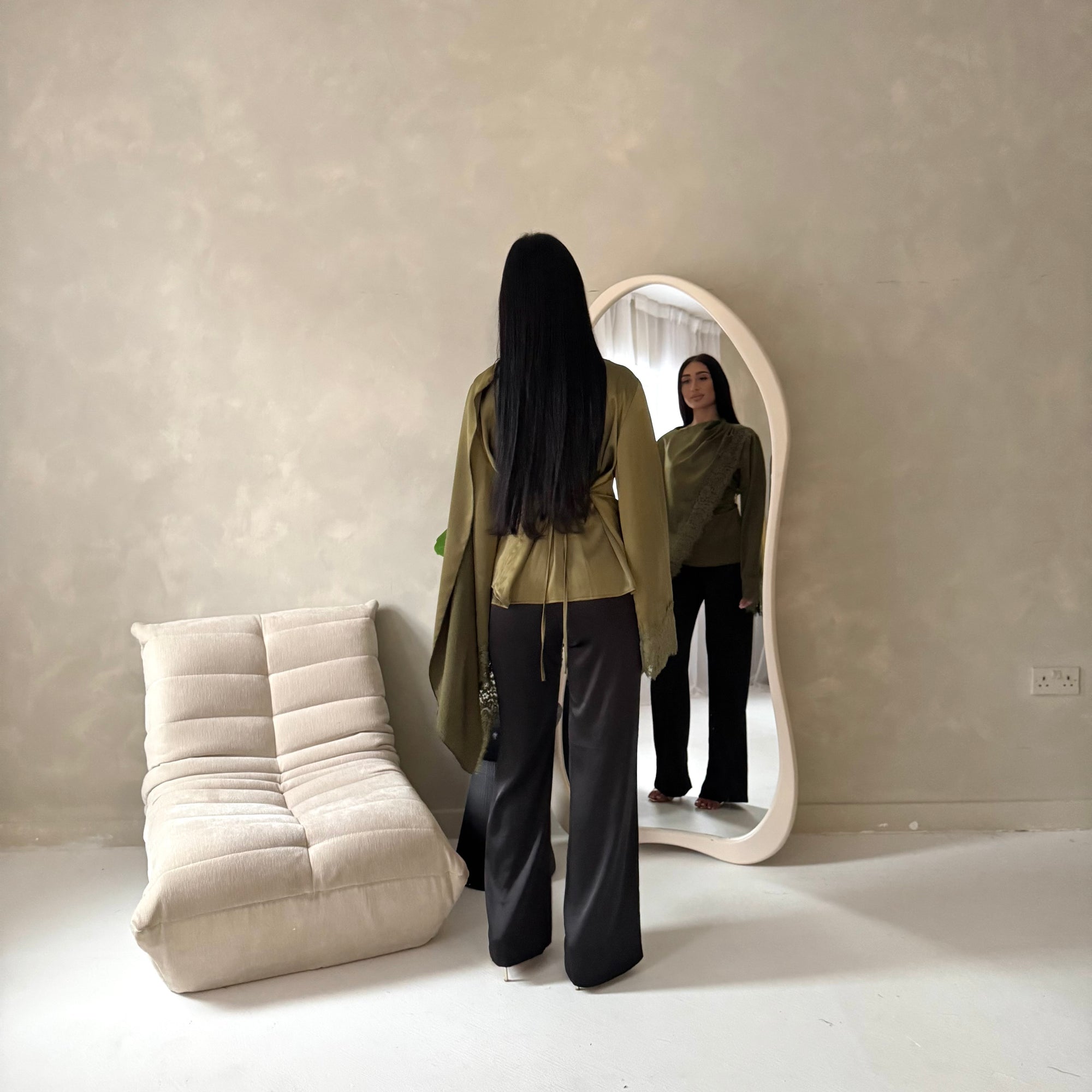 Aliza Olive Lace Trim Asymmetrical Cape Modest Top