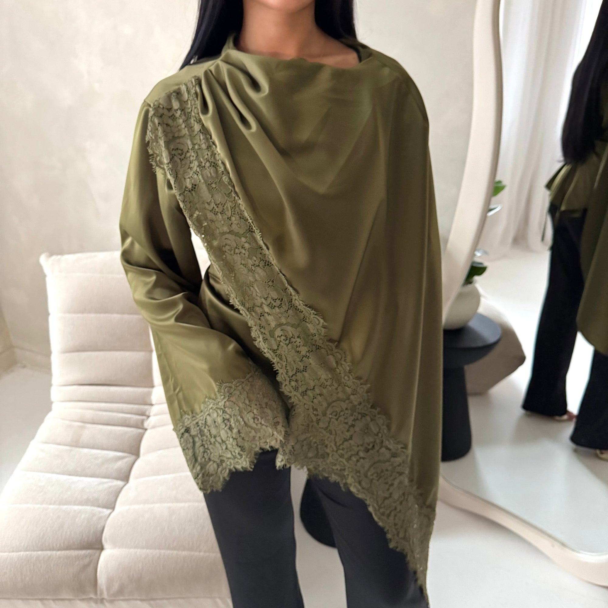 Aliza Olive Lace Trim Asymmetrical Cape Modest Top