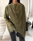 Aliza Olive Lace Trim Asymmetrical Cape Modest Top