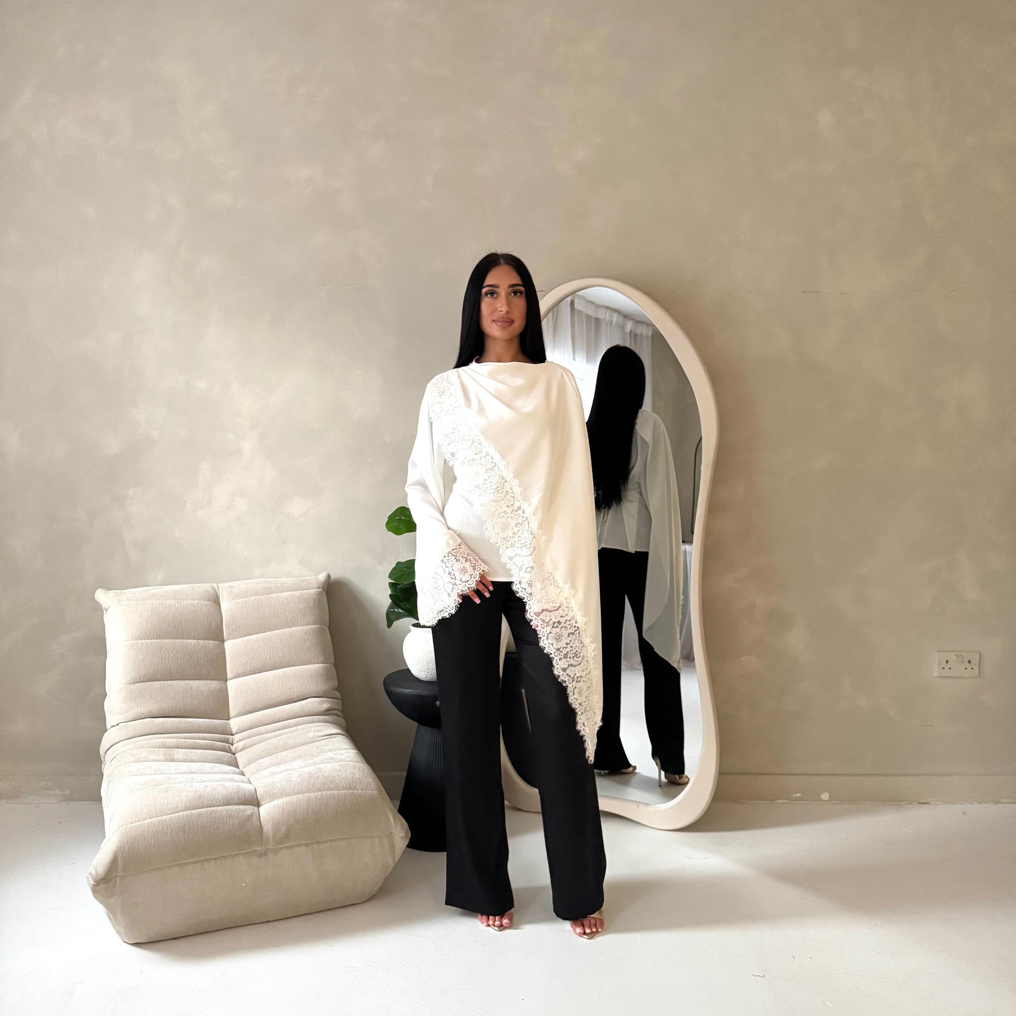 Aliza White Lace Trim Asymmetrical Cape Modest Top