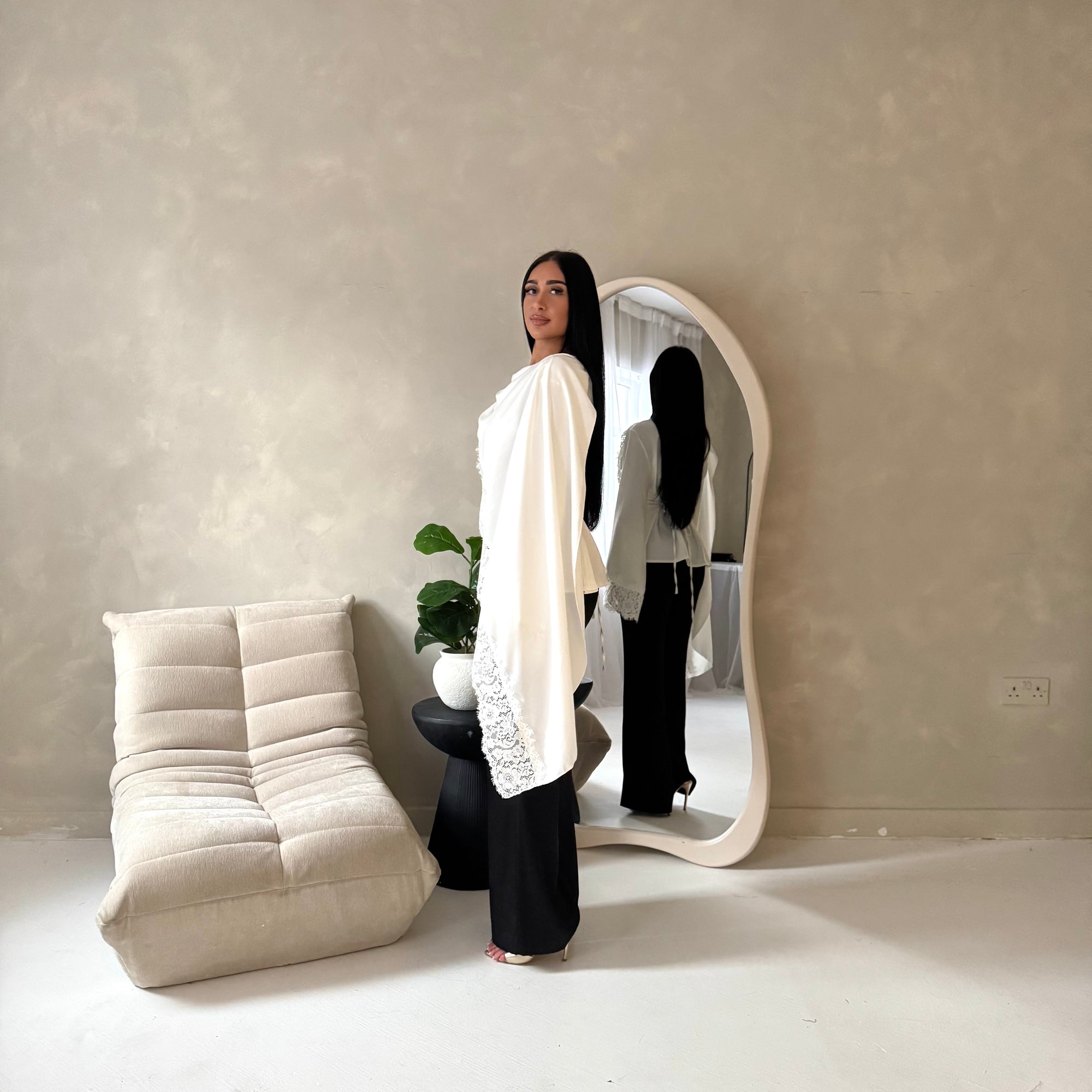 Aliza White Lace Trim Asymmetrical Cape Modest Top