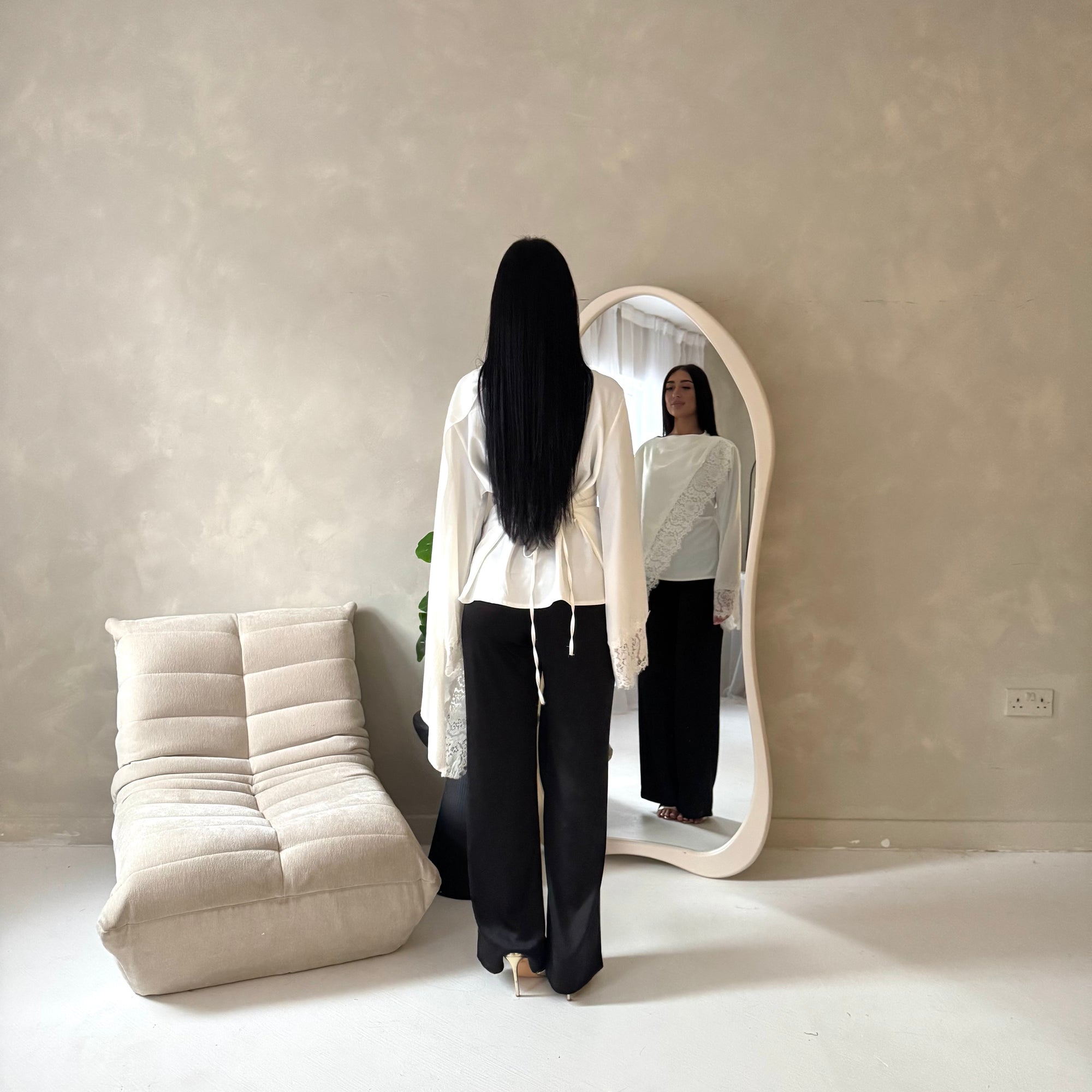 Aliza White Lace Trim Asymmetrical Cape Modest Top