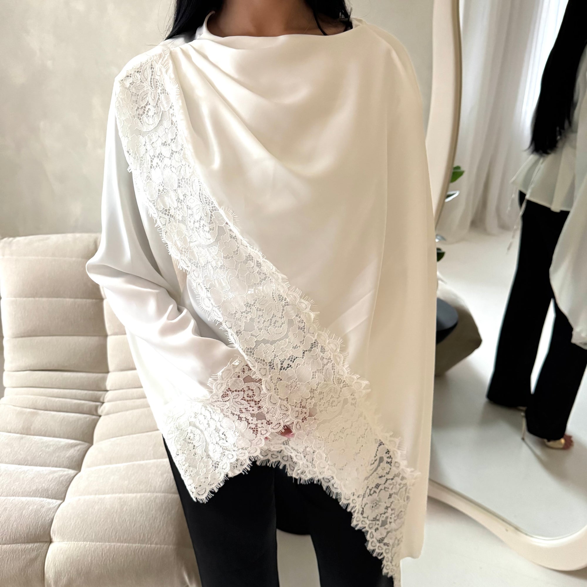 Aliza White Lace Trim Asymmetrical Cape Modest Top