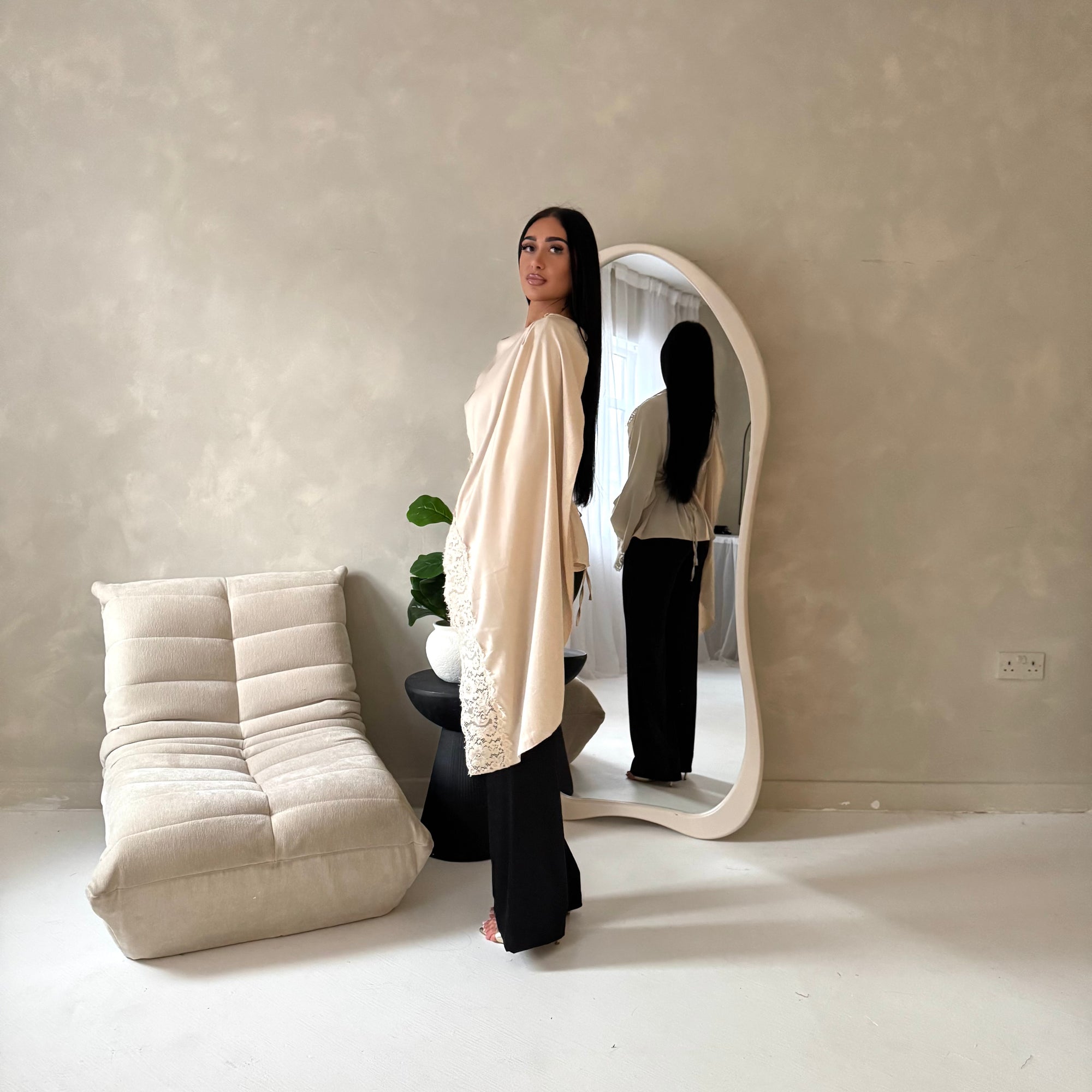 Aliza Beige Lace Trim Asymmetrical Cape Modest Top