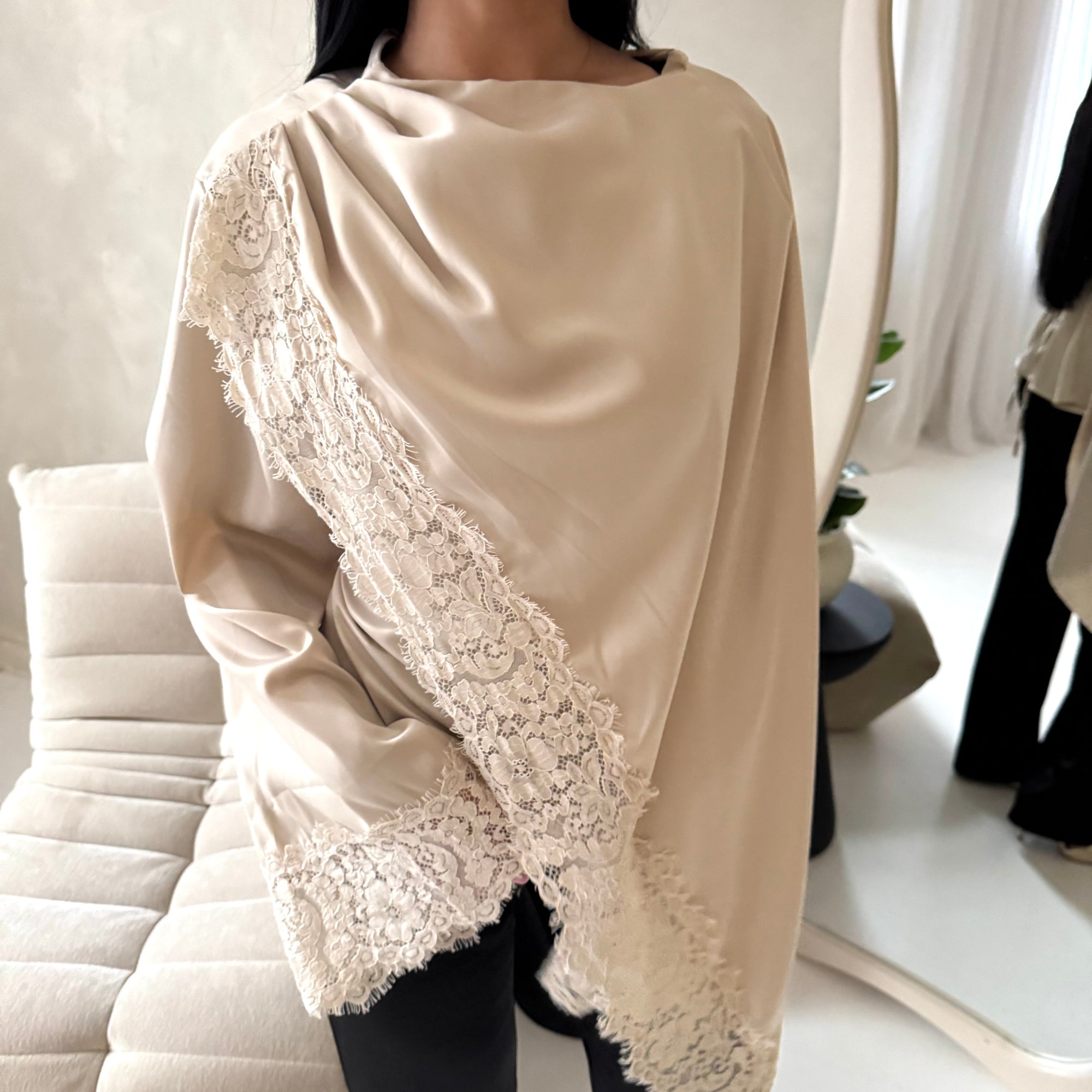 Aliza Beige Lace Trim Asymmetrical Cape Modest Top
