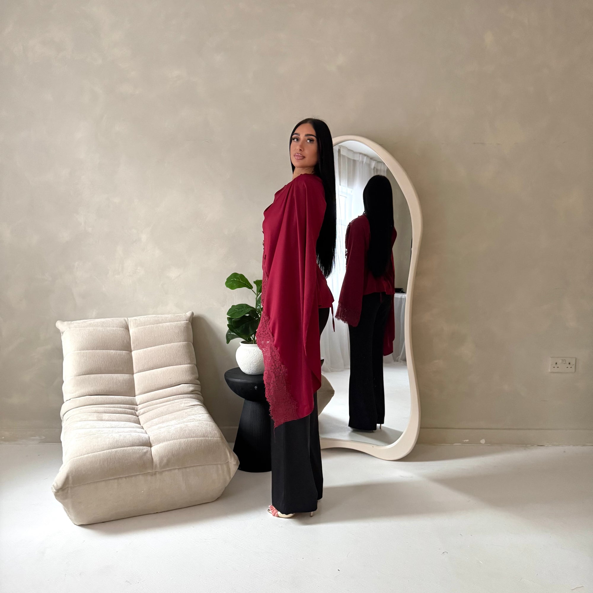 Aliza Wine Lace Trim Asymmetrical Cape Modest Top