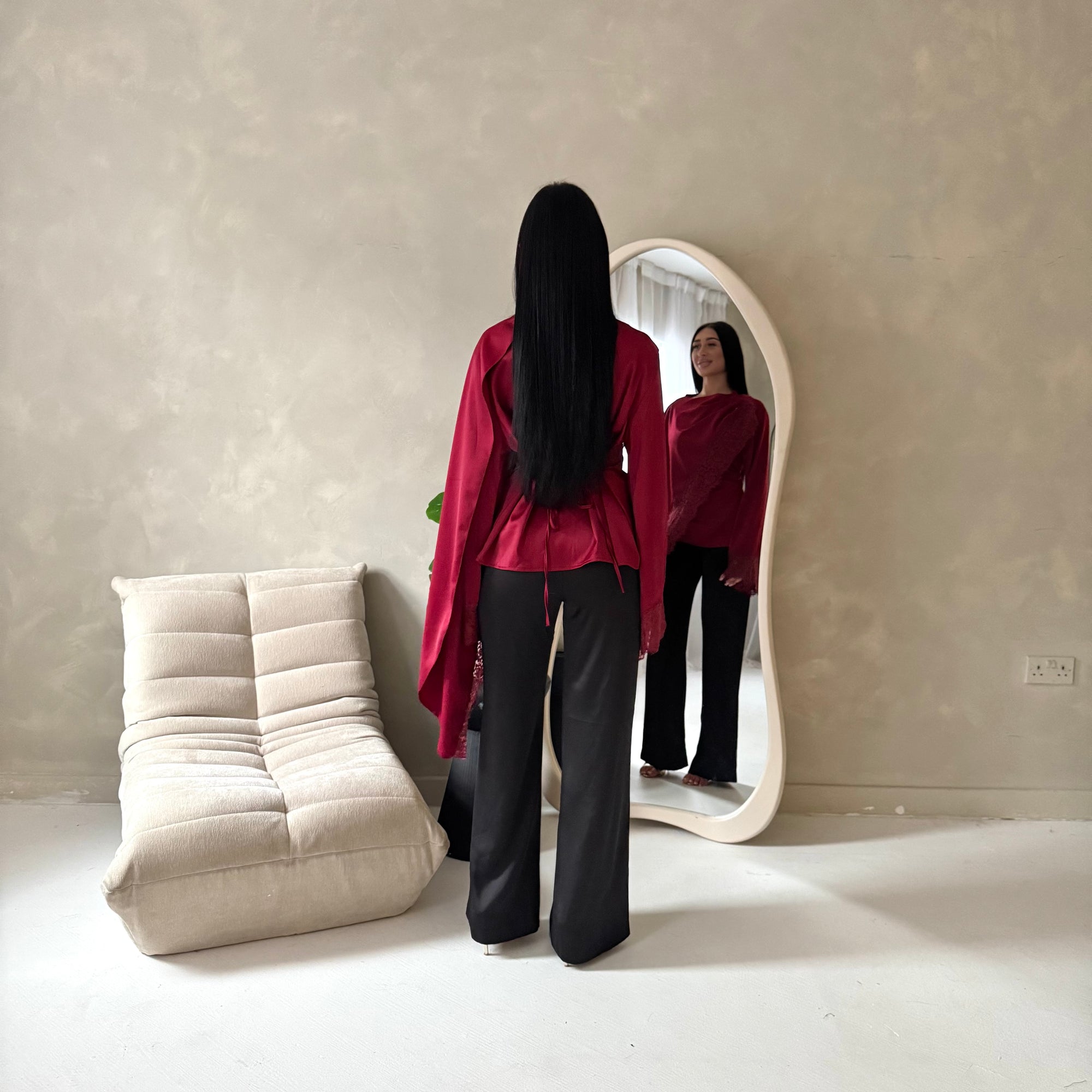 Aliza Wine Lace Trim Asymmetrical Cape Modest Top