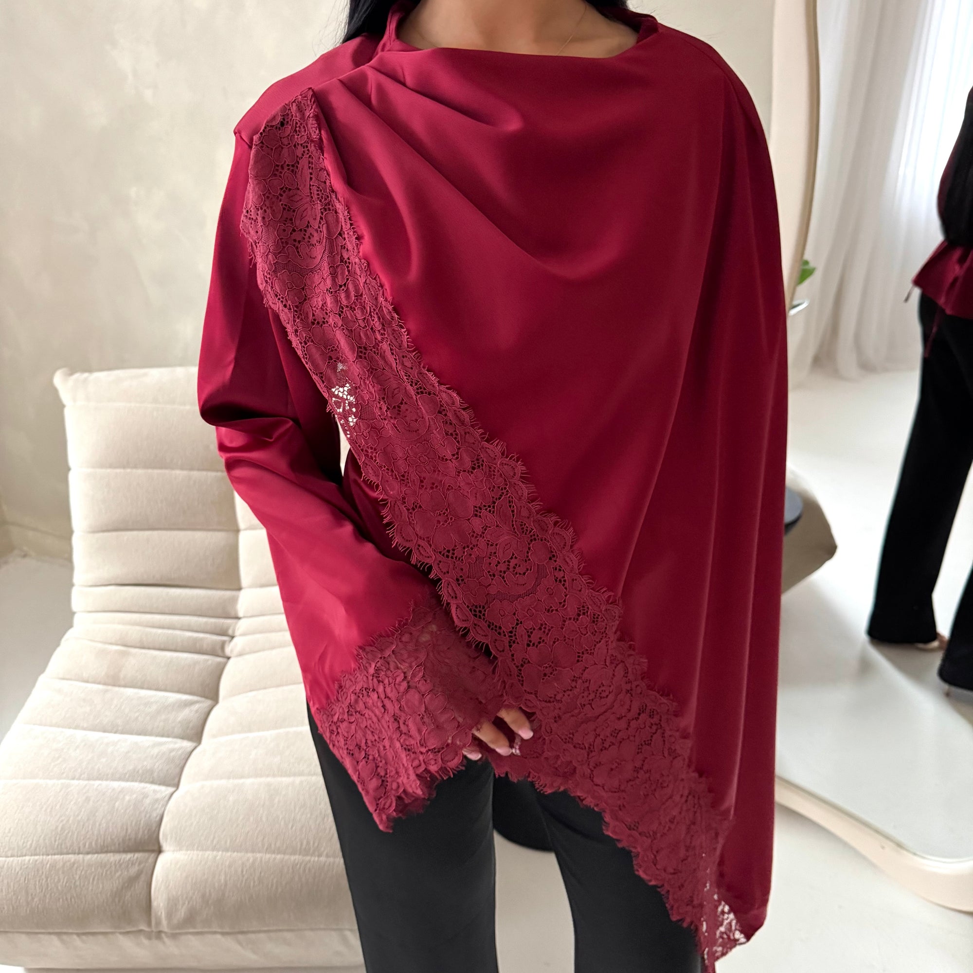 Aliza Wine Lace Trim Asymmetrical Cape Modest Top