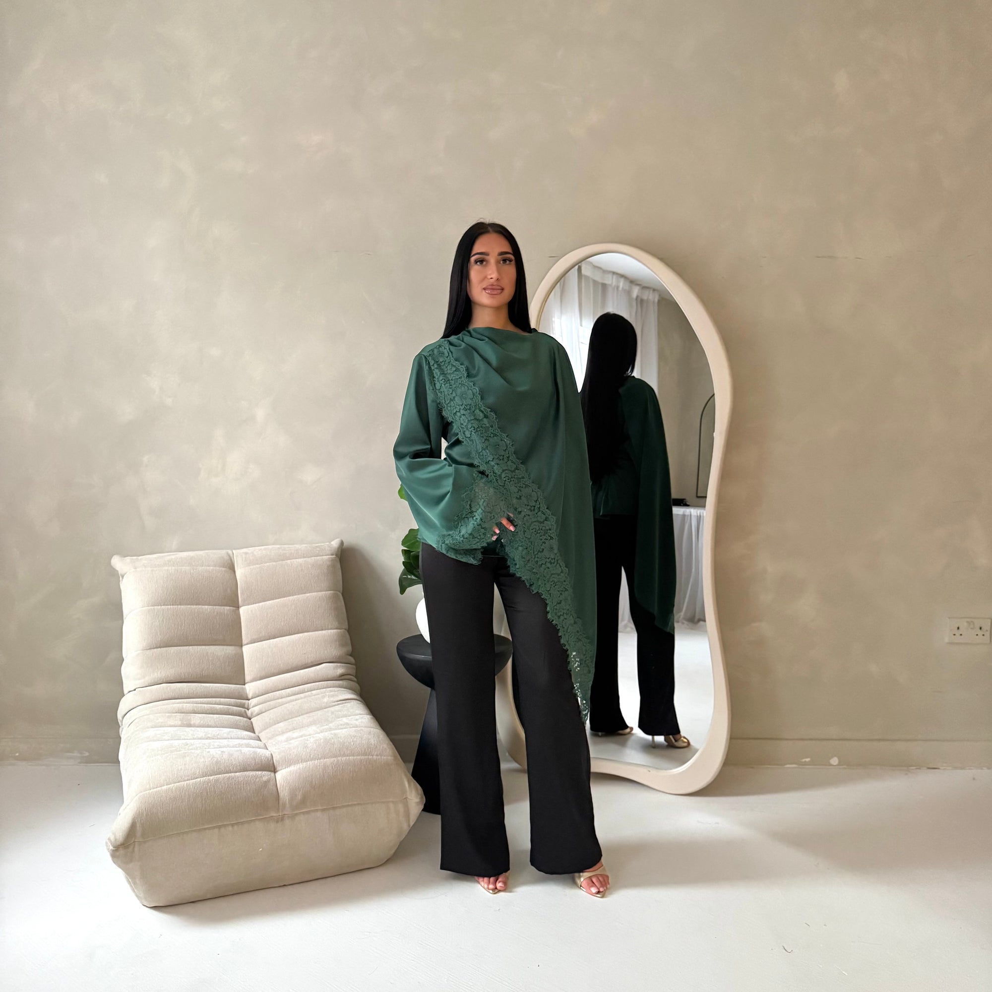 Aliza Emerald Green Lace Trim Asymmetrical Cape Modest Top