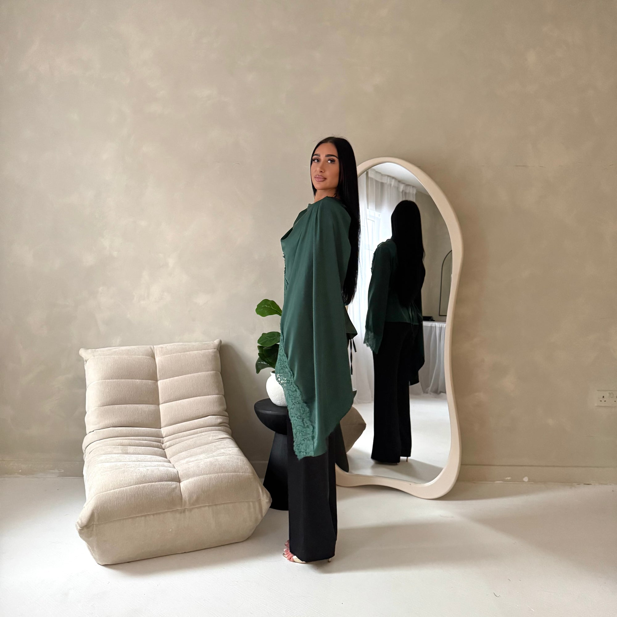 Aliza Emerald Green Lace Trim Asymmetrical Cape Modest Top