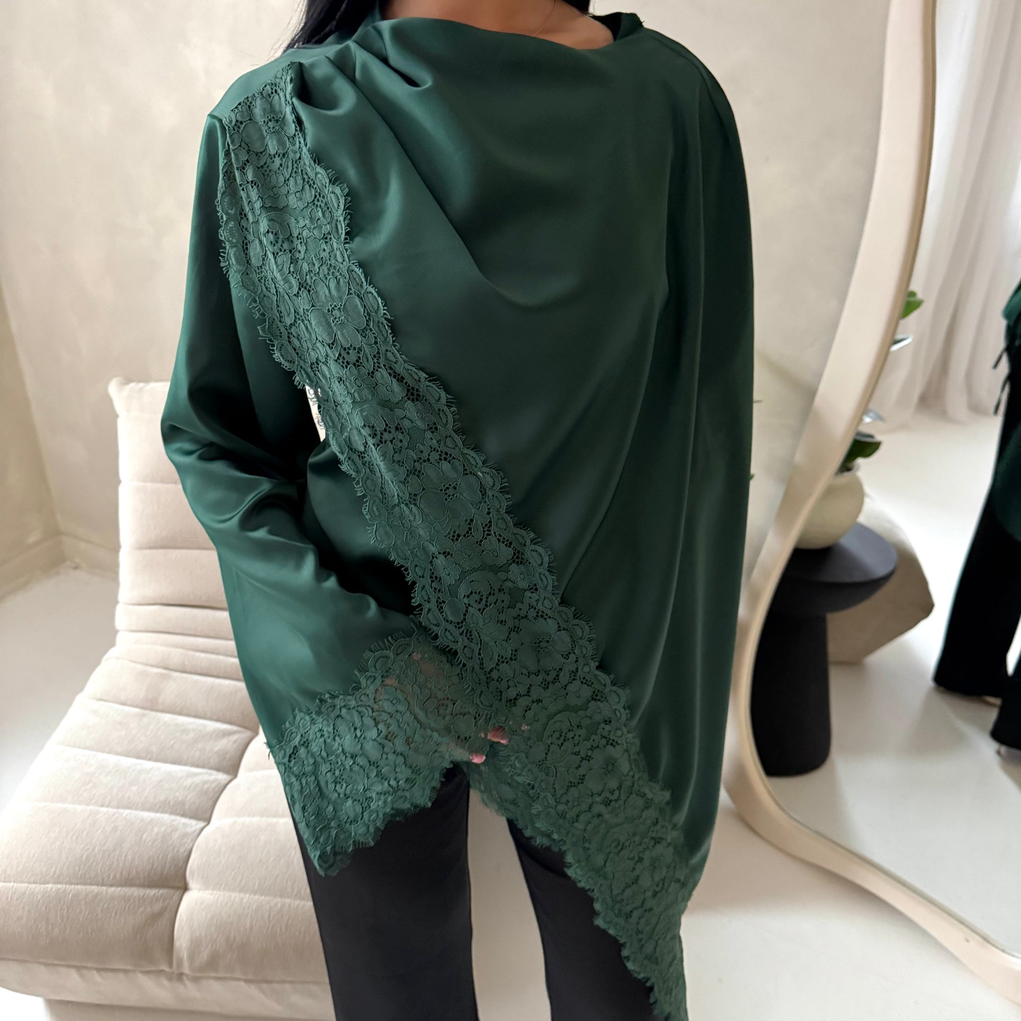 Aliza Emerald Green Lace Trim Asymmetrical Cape Modest Top