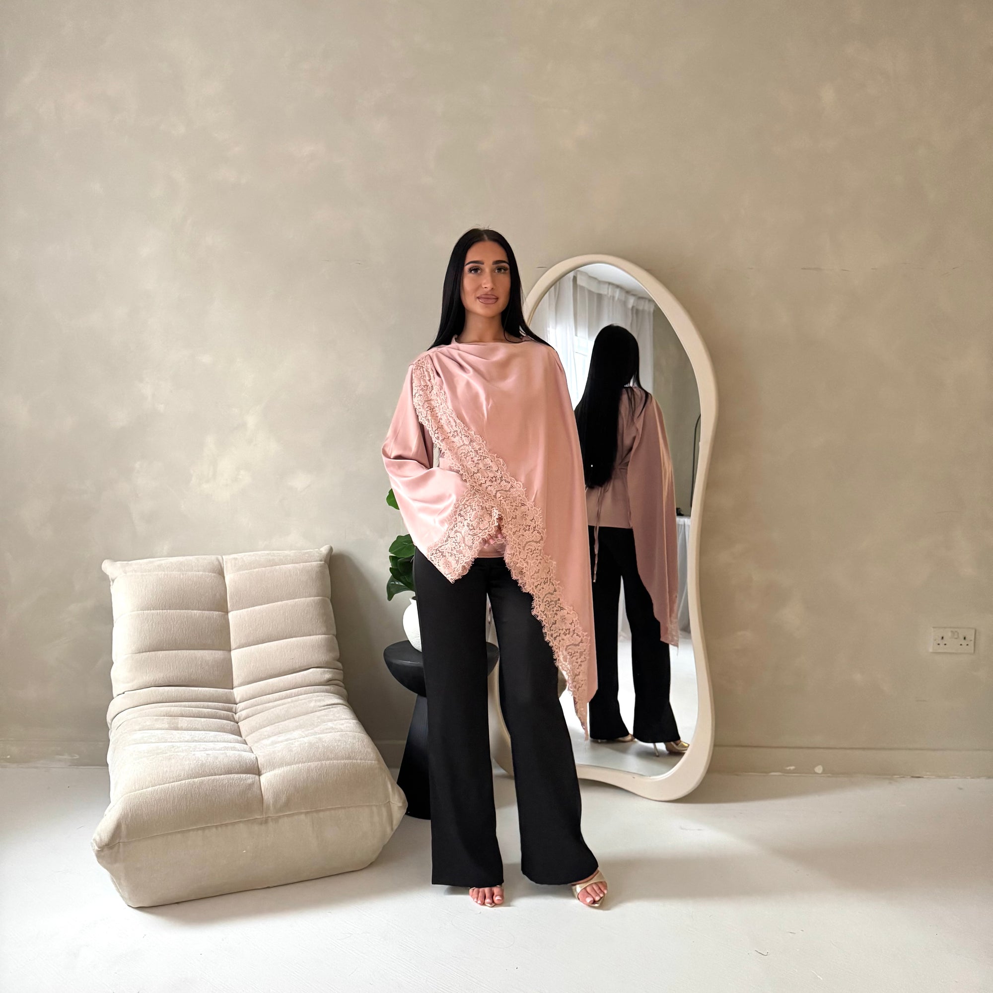 Aliza Pink Lace Trim Asymmetrical Cape Modest Top