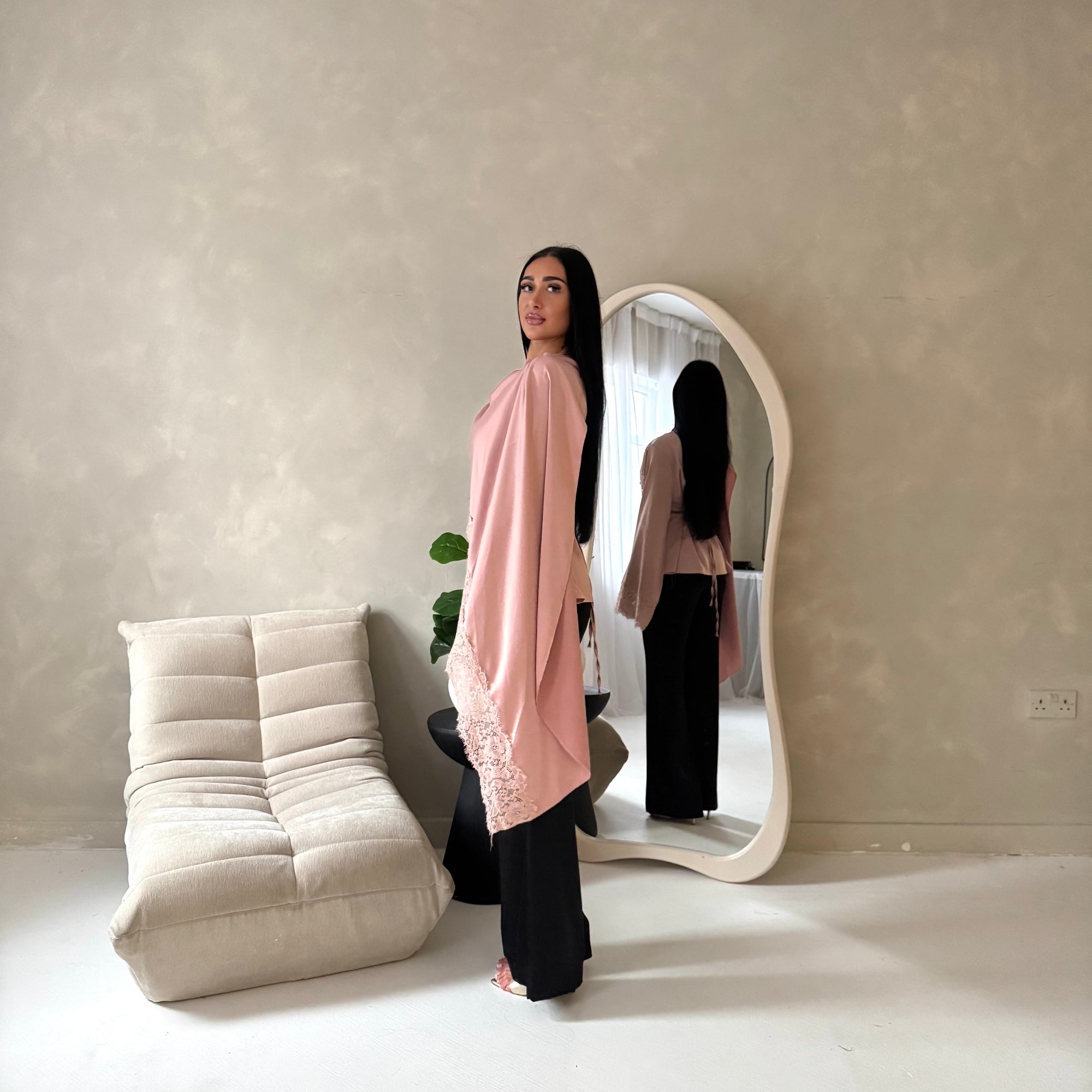 Aliza Pink Lace Trim Asymmetrical Cape Modest Top