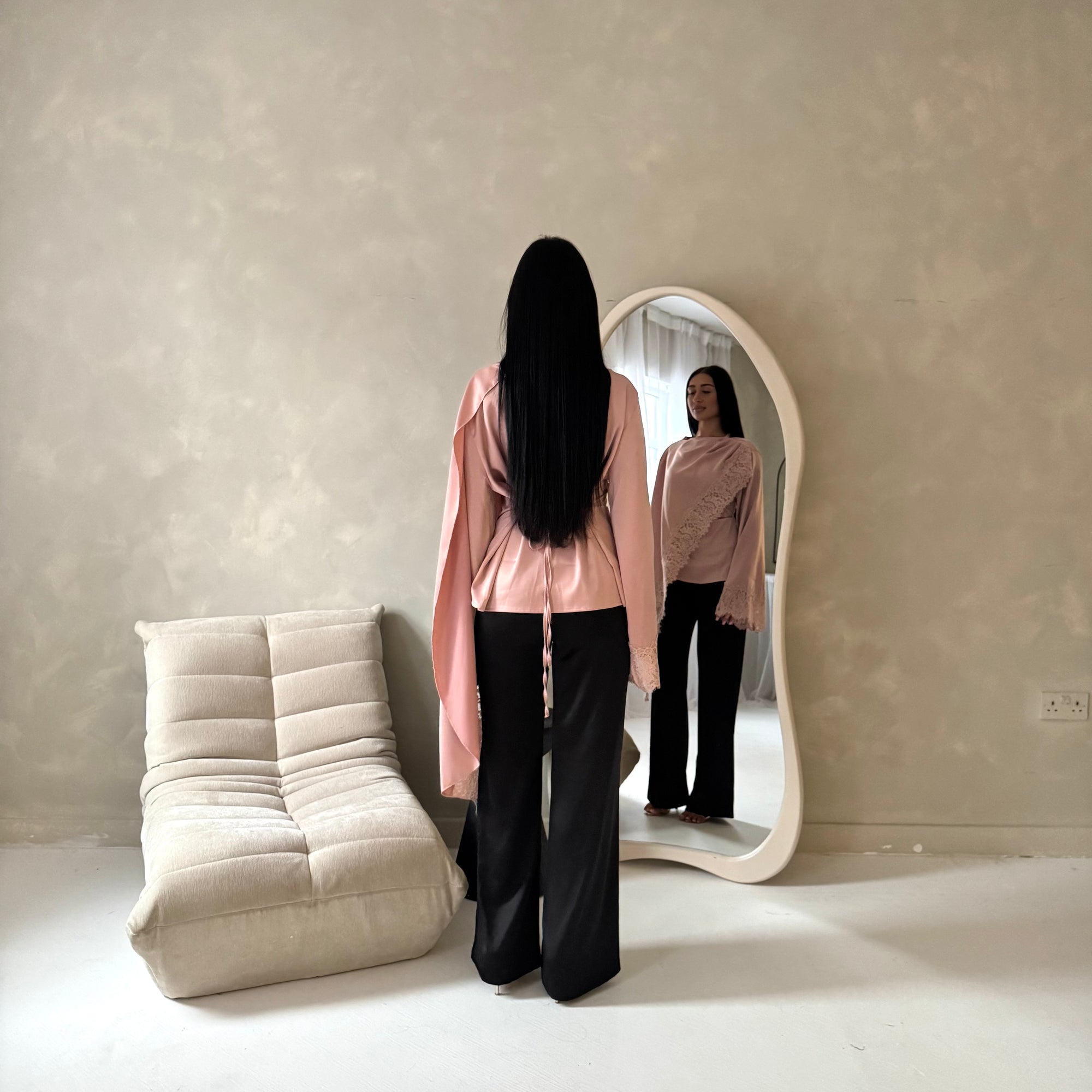 Aliza Pink Lace Trim Asymmetrical Cape Modest Top