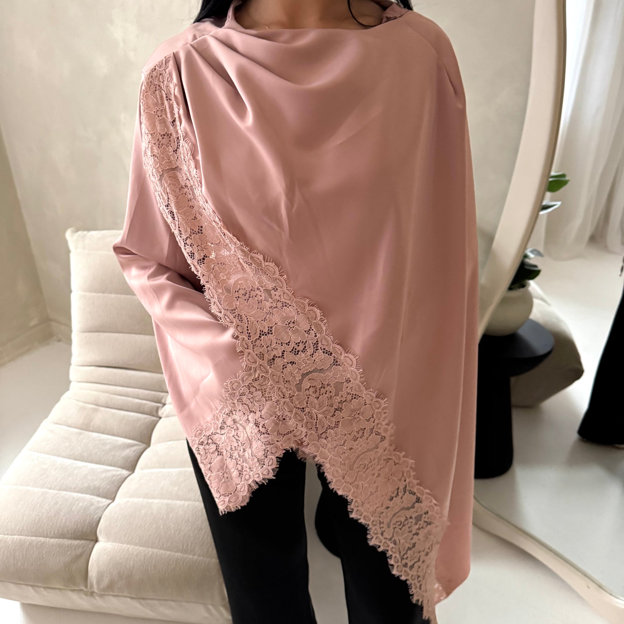 Aliza Pink Lace Trim Asymmetrical Cape Modest Top