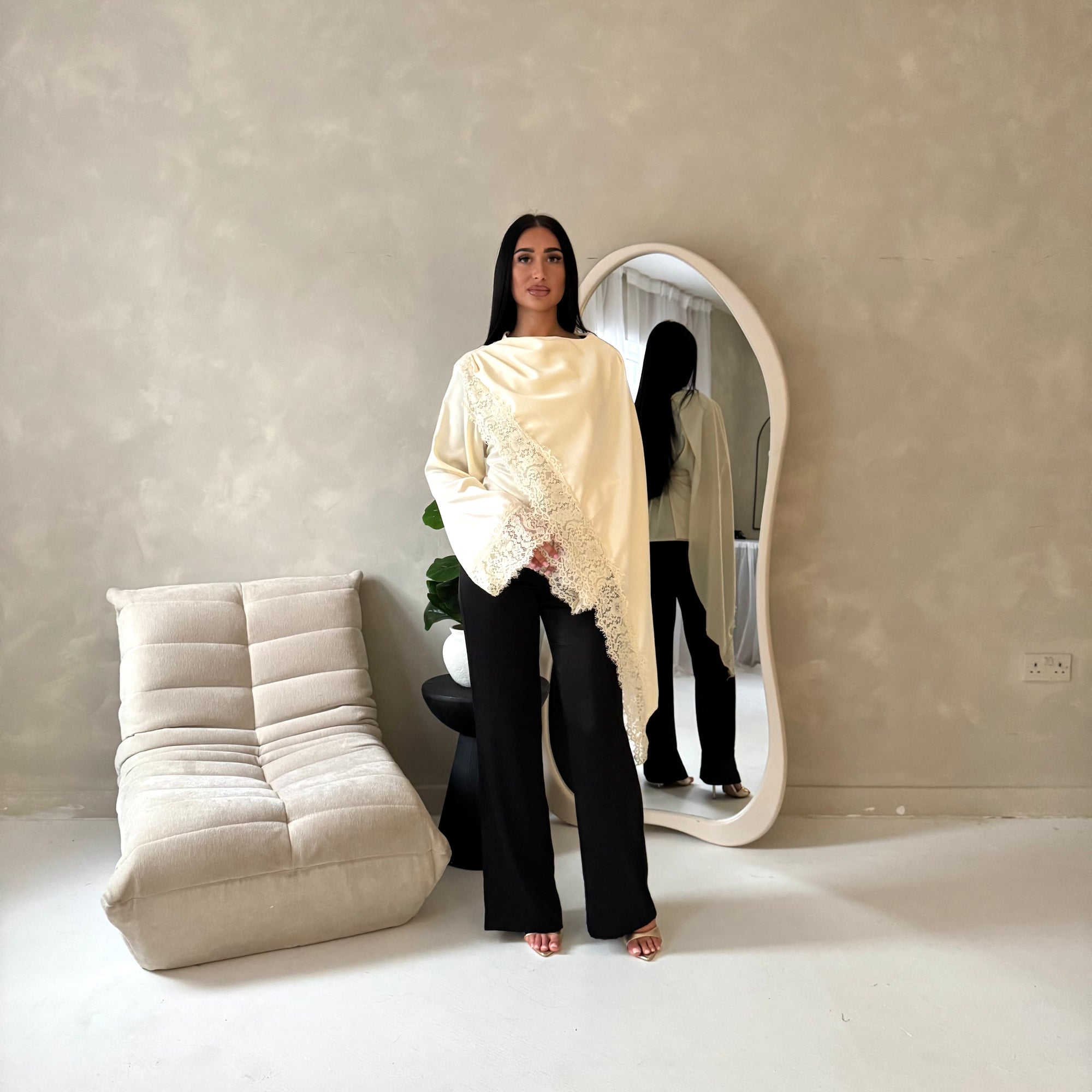 Aliza Cream Lace Trim Asymmetrical Cape Modest Top