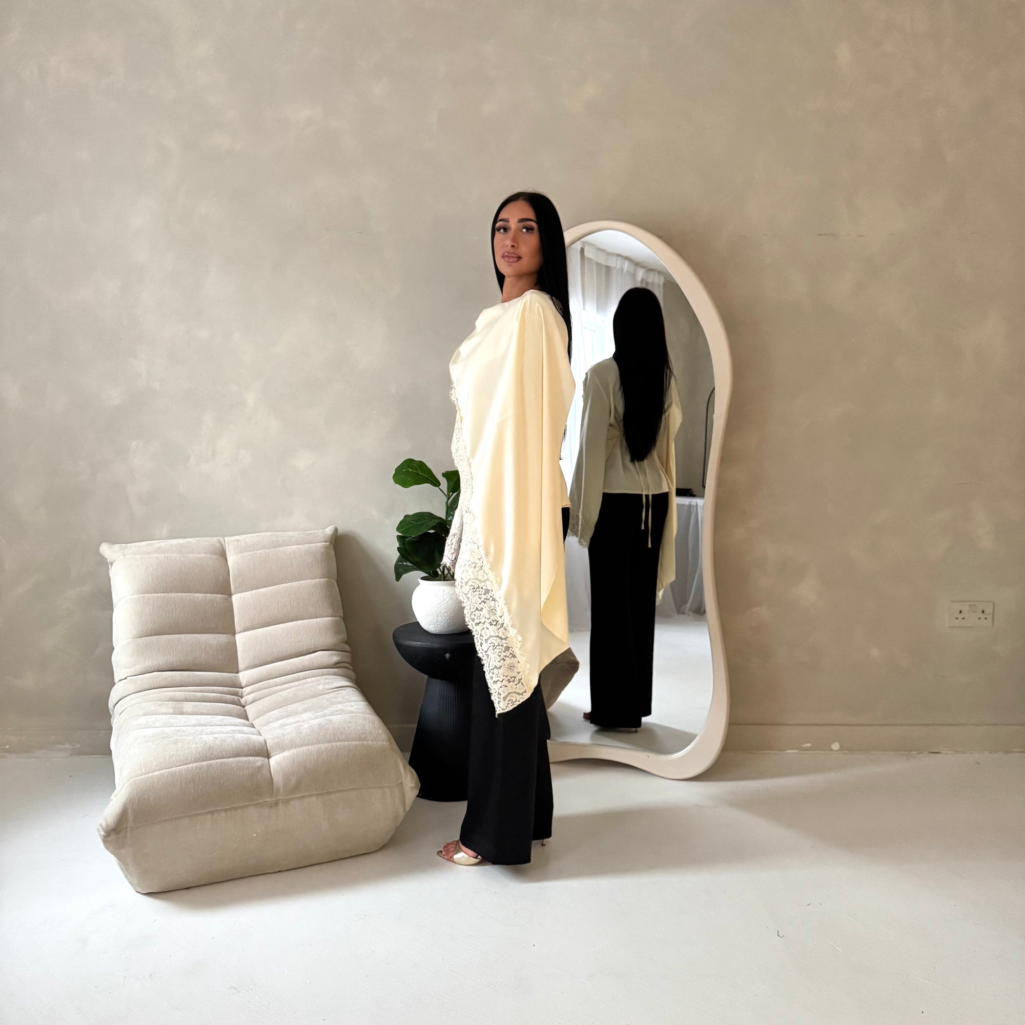 Aliza Cream Lace Trim Asymmetrical Cape Modest Top
