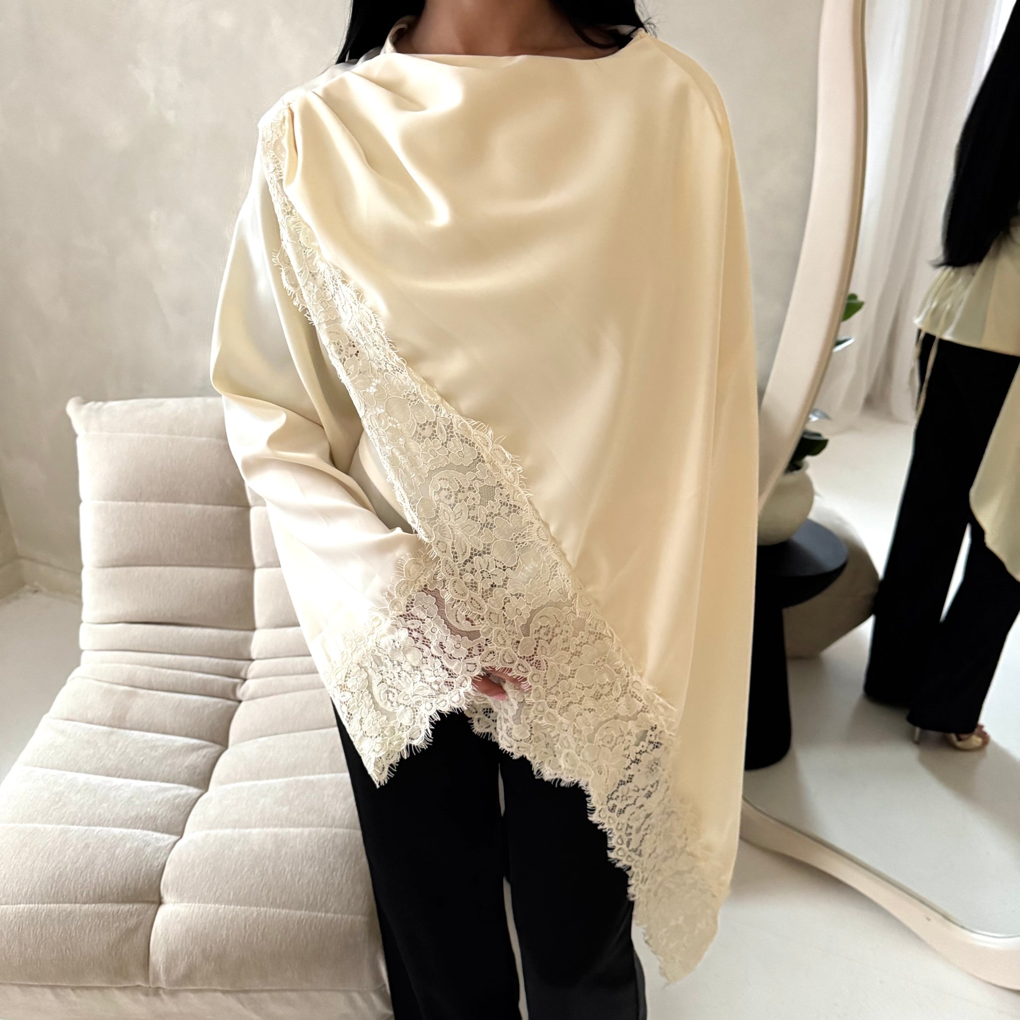 Aliza Cream Lace Trim Asymmetrical Cape Modest Top