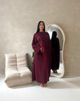 Layali Wine Lace Trim Detail Asymmetrical Cape Dress