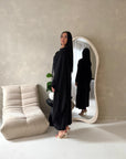 Layali Black Lace Trim Detail Asymmetrical Cape Dress