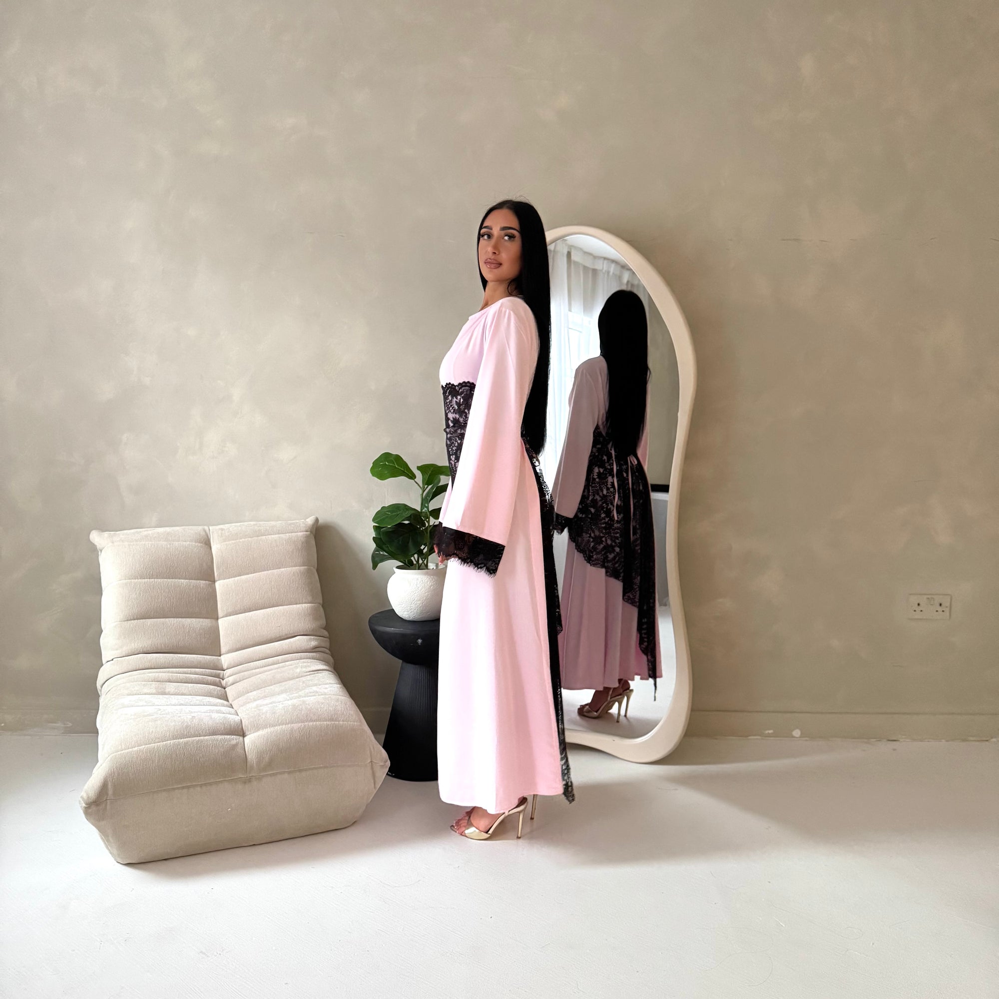 Luna Pink Lace Detail Tie Back Modest Dress