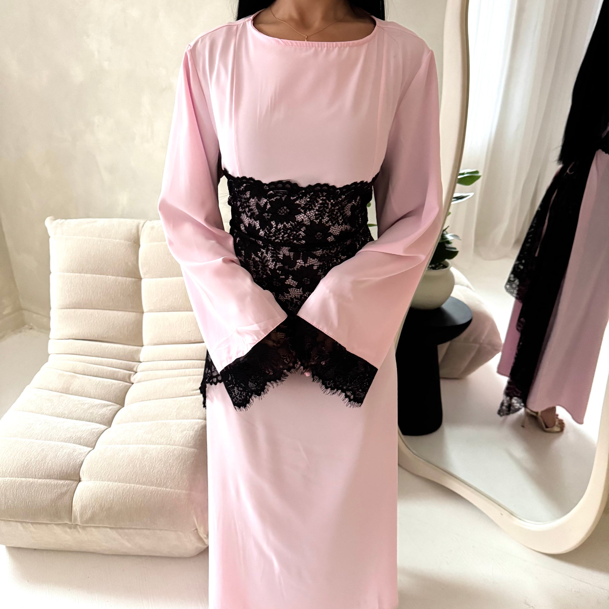 Luna Pink Lace Detail Tie Back Modest Dress