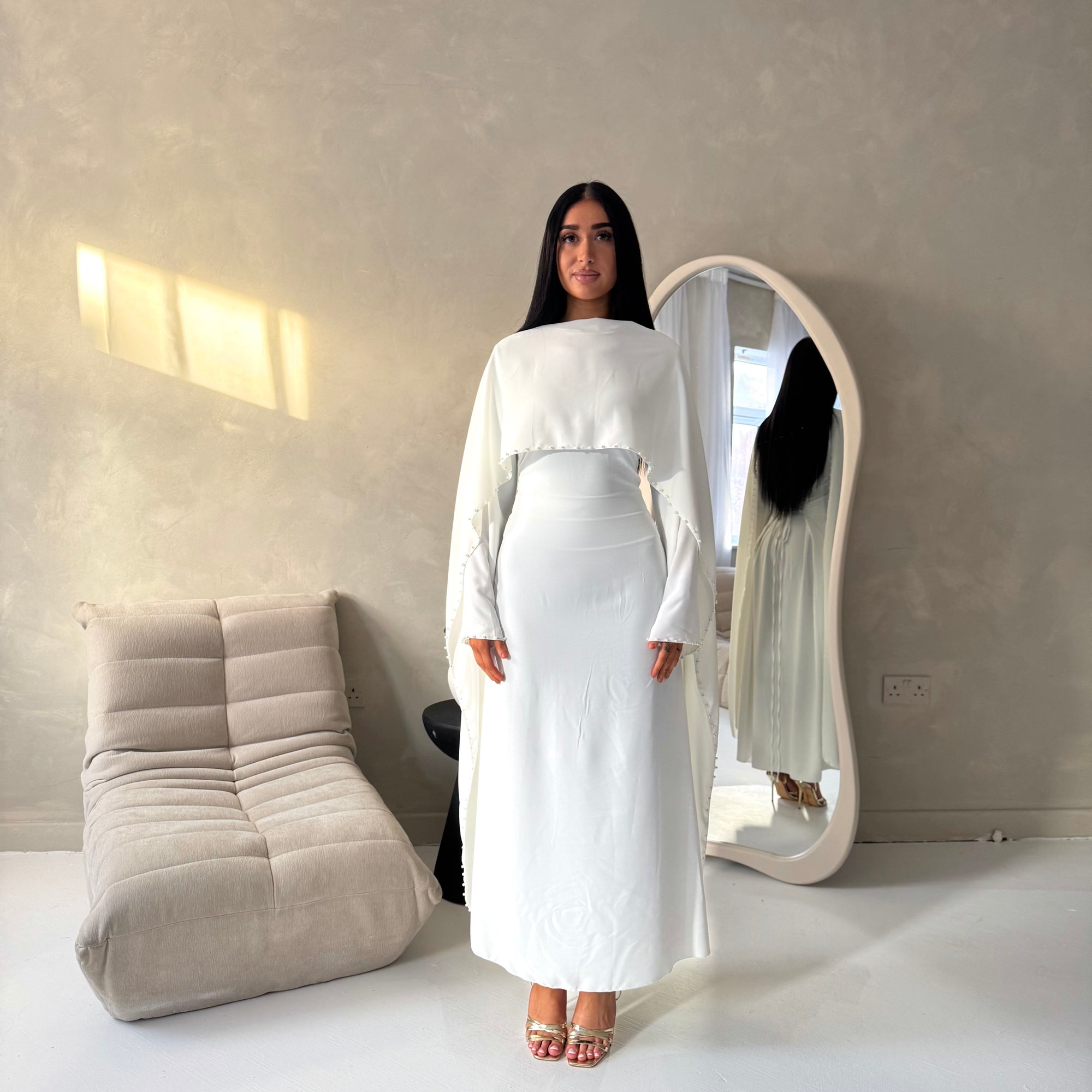 Sherin White Pearl Detail Modest Dress – House Of Haniya