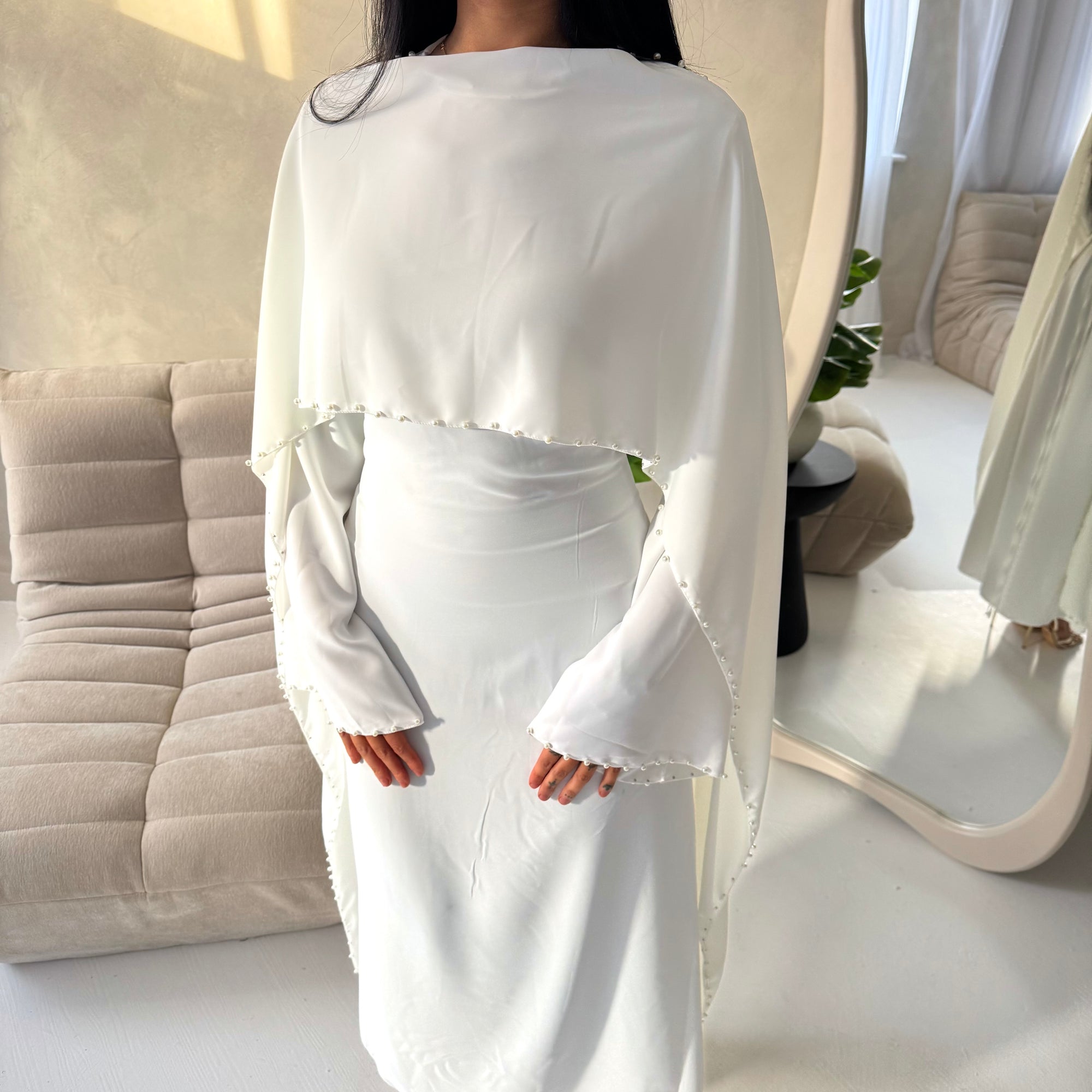 Sherin White Pearl Detail Modest Dress – House Of Haniya Sherin White Pearl Detail Modest Dress – House Of Haniya