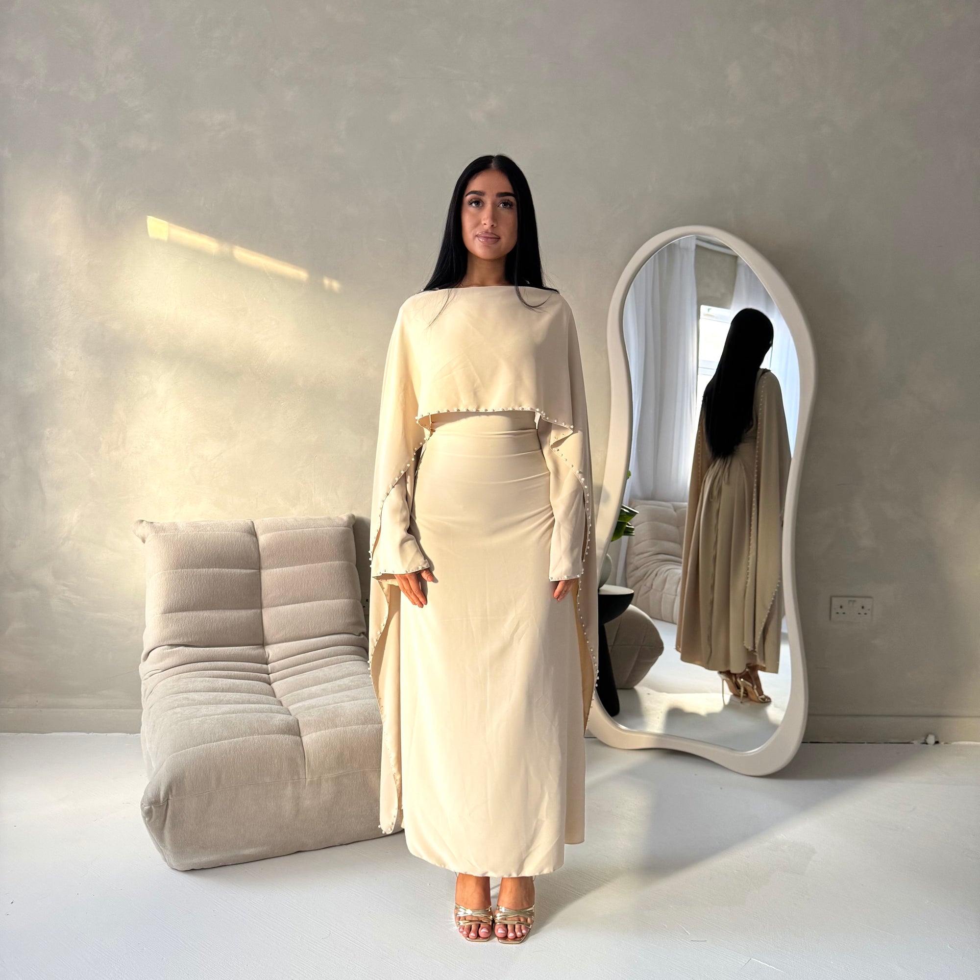 Sherin Beige Pearl Detail Modest Dress