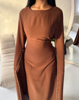 Sisi Brown Pearl Detail Cape Sleeve Tie Back Dress