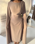 Sisi Mocha Pearl Detail Cape Sleeve Tie Back Dress