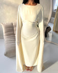 Sisi Cream Pearl Detail Cape Sleeve Tie Back Dress