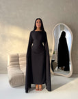 Sisi Black Pearl Detail Cape Sleeve Tie Back Dress