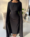 Sisi Black Pearl Detail Cape Sleeve Tie Back Dress