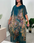 Heba Teal Floral Silk Kaftan Dress