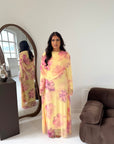 Daniyah Yellow Floral Cape Mesh Tie Back Summer Dress
