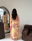 Daniyah Yellow Floral Cape Mesh Tie Back Summer Dress