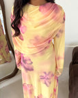 Daniyah Yellow Floral Cape Mesh Tie Back Summer Dress