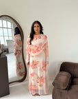 Daniyah Cream Floral Cape Mesh Tie Back Summer Dress