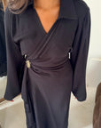 Daniyah Black Side Wrap Buckle Collar Elegant Dress