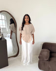 Daniyah Beige Batwing Sleeveless Gold Button Summer Top