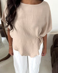 Daniyah Beige Batwing Sleeveless Gold Button Summer Top