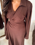 Daniyah Brown Side Wrap Buckle Collar Elegant Dress