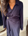 Daniyah Navy Side Wrap Buckle Collar Elegant Dress
