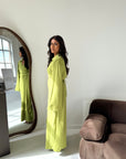 Daniyah Lime Green Side Wrap Buckle Collar Elegant Dress